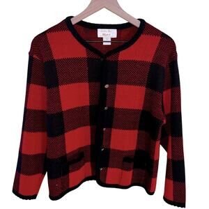 VNTG TALLY HO wool buffalo plaid cardigan w gold button grandma core S